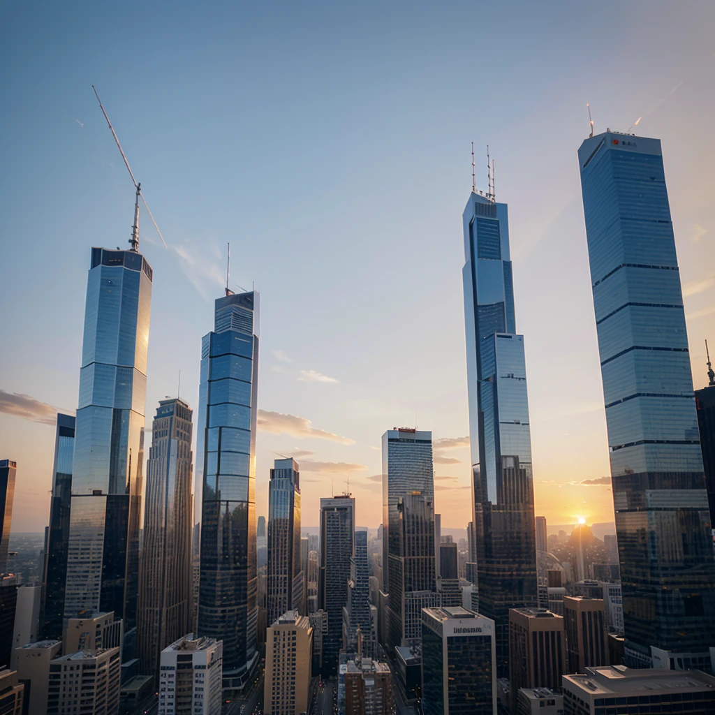 sunset in the city, skyscrapers, beautiful sky, no human in there