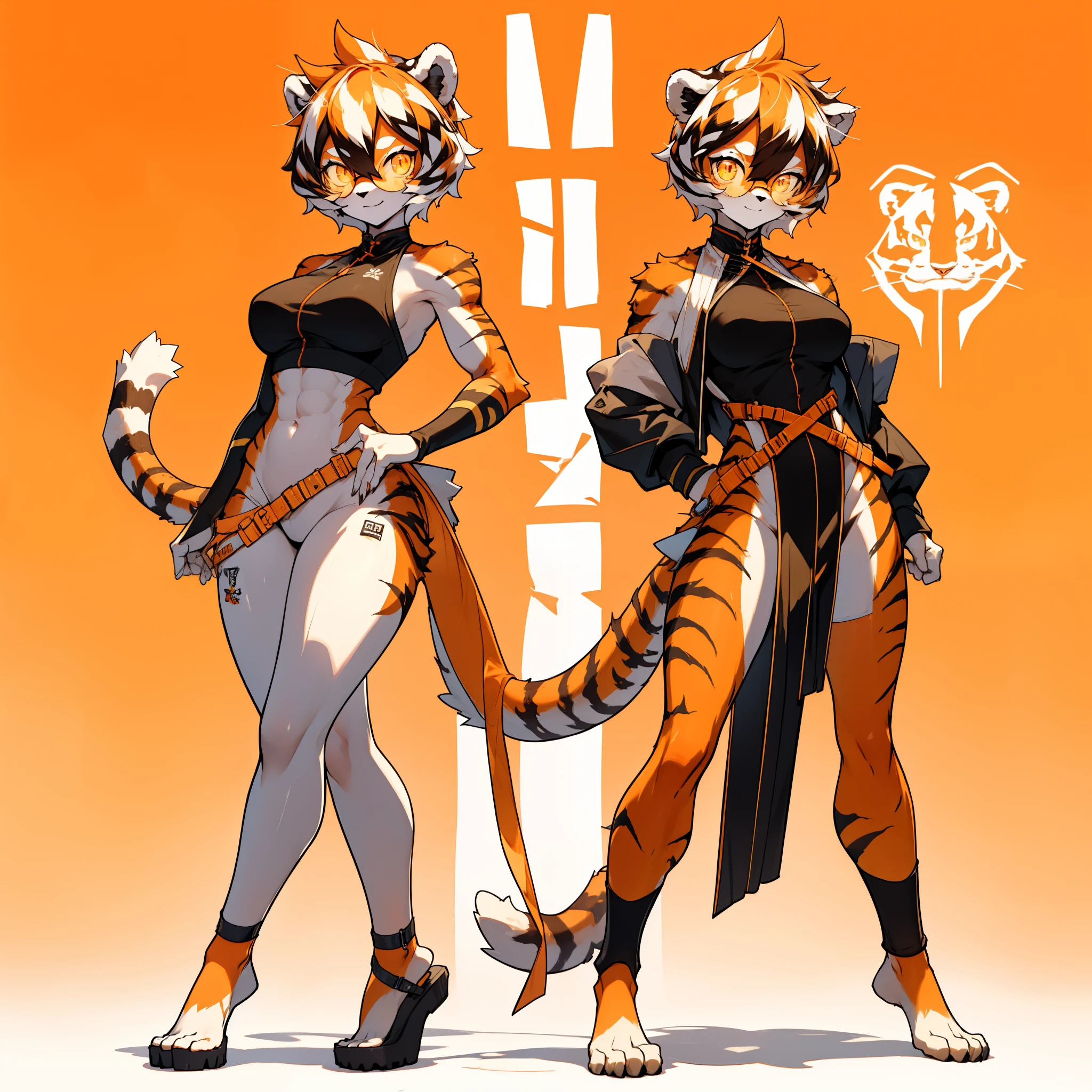 white background, full body, ((furry female:1.2)), Standing, animal ears, white hair, black hair, round eyewear, short hair, large breasts, muscle, tail, orange eyes, orange hair, multicolored hair, tiger girl, hair between eyes, tiger_ears, tiger_tail, orange-tinted_eyewear, tinted_eyewear, big breasts, evil smile, Shadows under feet, Abdominal muscles, (((Hooker outfit:1.2))),