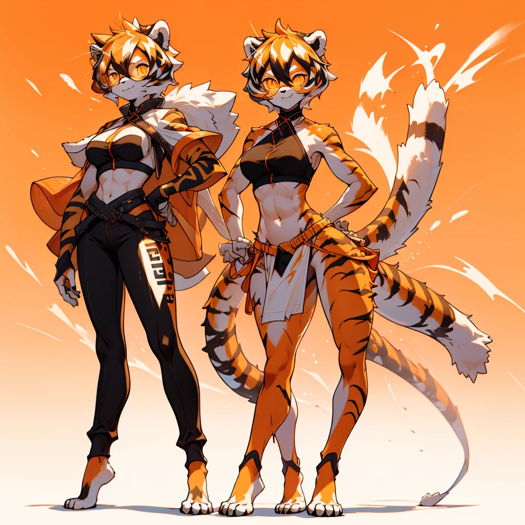 white background, full body, ((furry female:1.2)), Standing, animal ears, white hair, black hair, round eyewear,  short hair, large breasts, muscle, tail, orange eyes, orange hair, multicolored hair, tiger girl, hair between eyes, tiger_ears, tiger_tail, orange-tinted_eyewear, tinted_eyewear, big breasts, evil smile, Shadows under feet, Abdominal muscles, (((Hooker outfit:1.2))), 