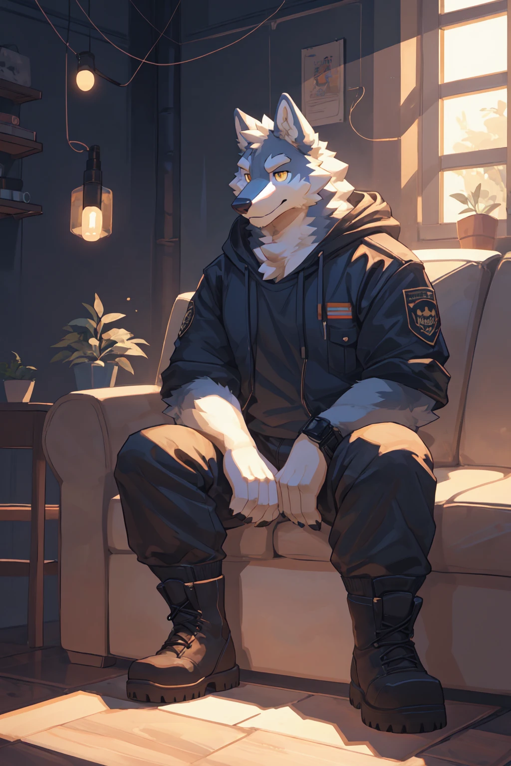 Best quality, Professional, Vivid Colors, Cinematic light, full body, wolf, Muscular male, kemono, by bigcozyorca, Solo, grey Fur, white body, golden eyes, pectorals, (detailed face, detailed eyes:1.5), open hoodie, cargo pants, boots, sitting alone, sofa, indoor, Ray tracing, detailed shadow