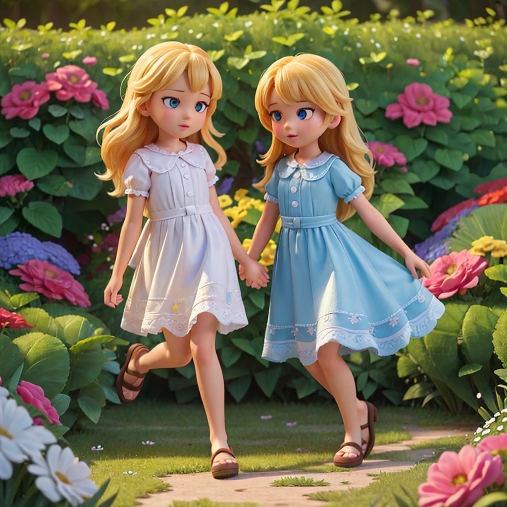 Create a blonde 5 year old in a yellow dress in a playground innocent expression