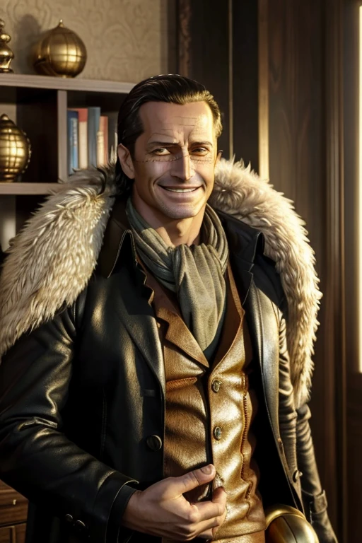 masterpiece, Highest quality, Very detailed, Surreal, Realistic, Cool man in his 40s, Ultra detailed face:1.2, Fur coat, a scarf around the neck, In his left hand is a golden pirate hook:1.1, Japanese-style room:1.3, Sly Smile
