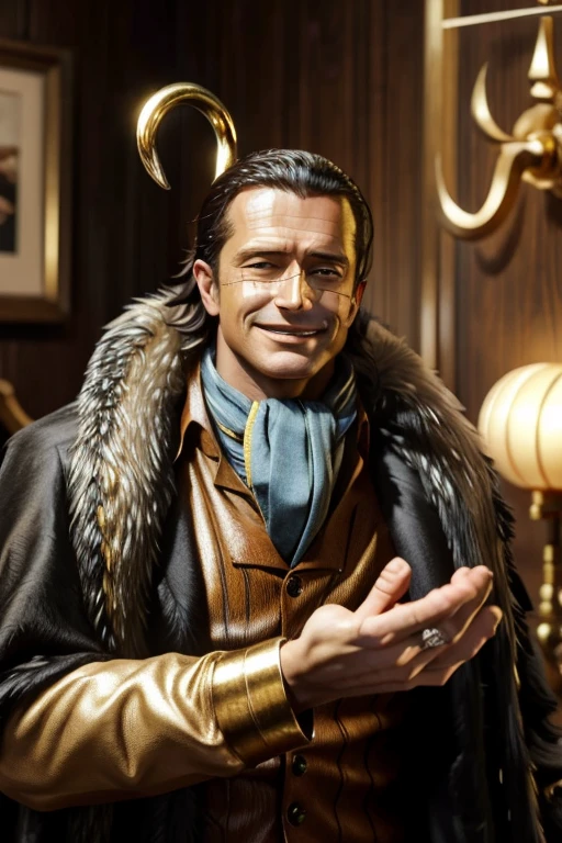masterpiece, Highest quality, Very detailed, Surreal, Realistic, Cool man in his 40s, Ultra detailed face:1.2, Fur coat, a scarf around the neck, In his left hand is a golden pirate hook:1.1, Japanese-style room:1.3, Sly Smile
