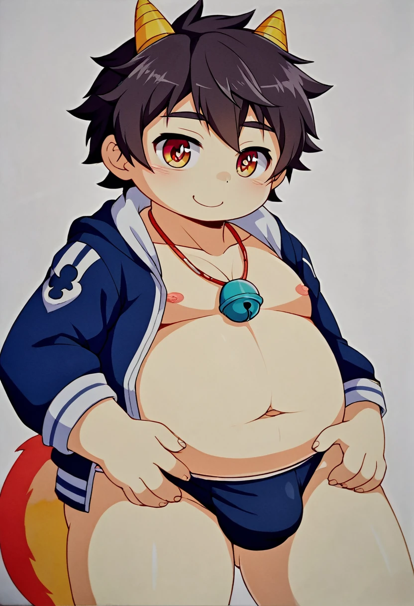 A man slightly chubby, shaped like a Rainbow Dragon with horny face heart-shaped eyes he Wear traditional Japanese underwear with a loose jacket, touching own self , junior high school student Wear a necklace with bell