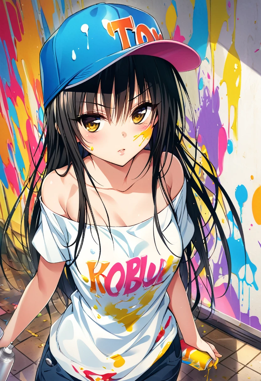 Create a vibrant Banksy-inspired graffiti art piece in a school hallway, featuring a rebellious teenage girl,kotegawa yui,to love-ru,with long black hair, brown eyes, and an athletic build, wearing a cap and off-shoulder shirt, seamlessly blending into her colorful spray-painted surroundings as she creates bold, expressive lettering and abstract designs, with paint splatters on her face and clothes, surrounded by scattered spray cans and contrasting against the structured indoor setting.