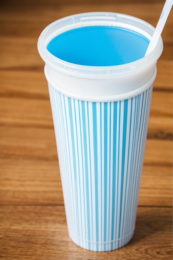 A white plastic cup with vertical blue lines