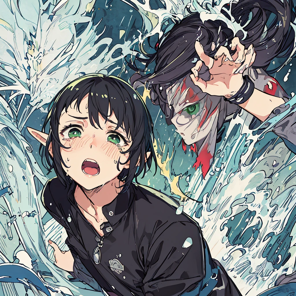 young man, elf, fire, night, open field, black hair, green eyes, short hair, crying, screaming, death, masterpiece, high quality, rags, dirty face, rain, tears, punished, tortured, detail_face