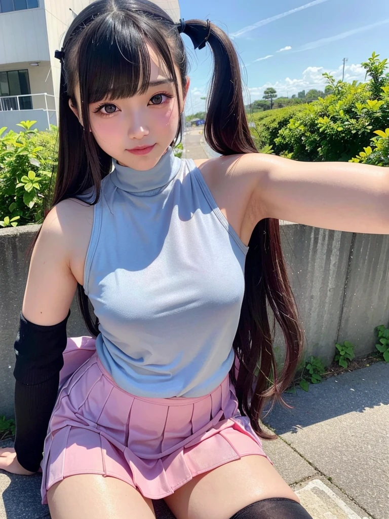 What a Japanese girl born in 2003 will look like in 2024。Stylish clothing。Armpit sweat。Landmine makeup。Heavy makeup。eye make up。Droopy eyes。Young face。Chubby。Provocative smile。Plump young girl。Young thighs。Photos taken outdoors in busy areaicro Mini Skirt。Arm warmers