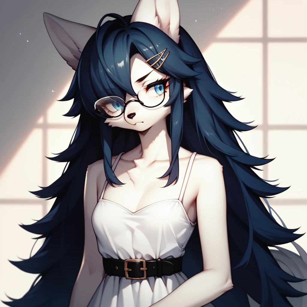 score_9,score_8_up,score_7_up, sierra, kemono style, a young nerdy Anthro furry wolf woman, white furry body,  long elegant and straight hair, elegant glasses, hair clip, wearing elegant blue sundress, black belt, hands to her side, sparkles around her, she is shy, looking away, pouting, pov, pov viewer is giving her a thumbs up