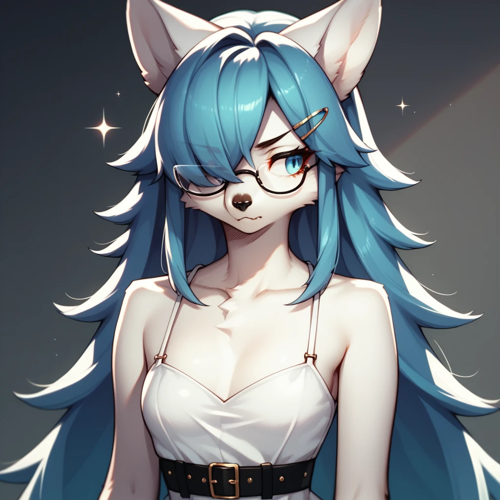 score_9,score_8_up,score_7_up, sierra, kemono style, a young nerdy Anthro furry wolf woman, white furry body,  long elegant and straight hair, elegant glasses, hair clip, wearing elegant blue sundress, black belt, hands to her side, sparkles around her, she is shy, looking away, pouting, pov, pov viewer is giving her a thumbs up