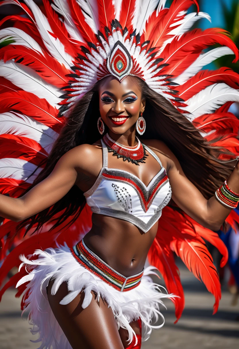 A beautiful and graceful soca dancer, detailed face, dark skin, looking at the viewer, long hair, dancing, Caribbean carnival, feathered costume mostly in red, white and black, high heels, dynamic pose, happy atmosphere, Caribbean background, colourful image, highly detailed.