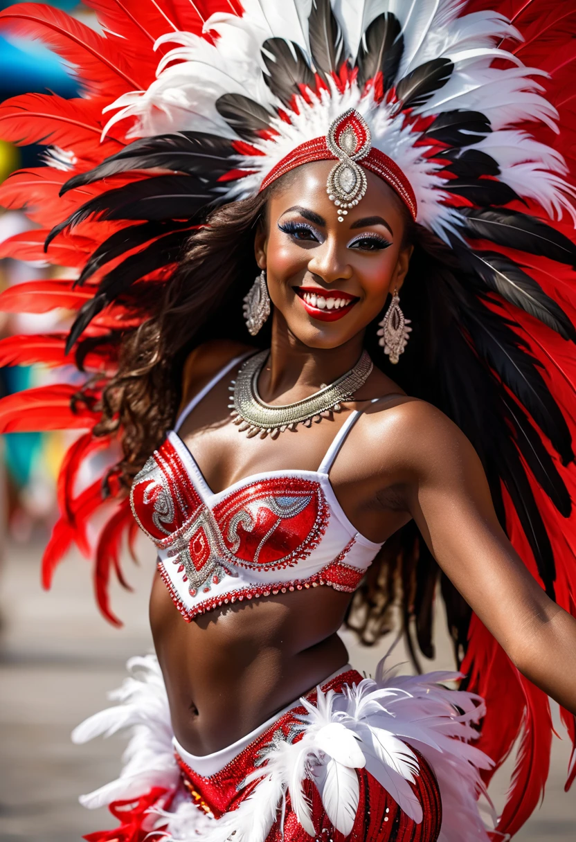 A beautiful and graceful soca dancer, detailed face, dark skin, looking at the viewer, long hair, dancing, Caribbean carnival, feathered costume mostly in red, white and black, high heels, dynamic pose, happy atmosphere, Caribbean background, colourful image, highly detailed.