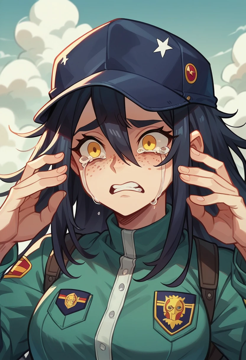 screenshot of my hero academy. girl blue and black long hair, yellow eyes and freckles on her face. in a downward looking plane, crying uncontrollably while her hands are covering her ears while she cries a thousand tears in her face.