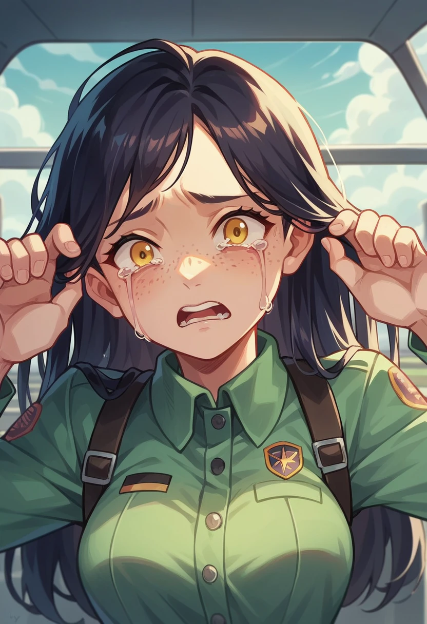 screenshot of my hero academy. girl blue and black hair, yellow eyes and freckles on her face. in a downward looking plane, crying uncontrollably and screaming, while her hands are covering her ears while she cries a thousand tears in her face.