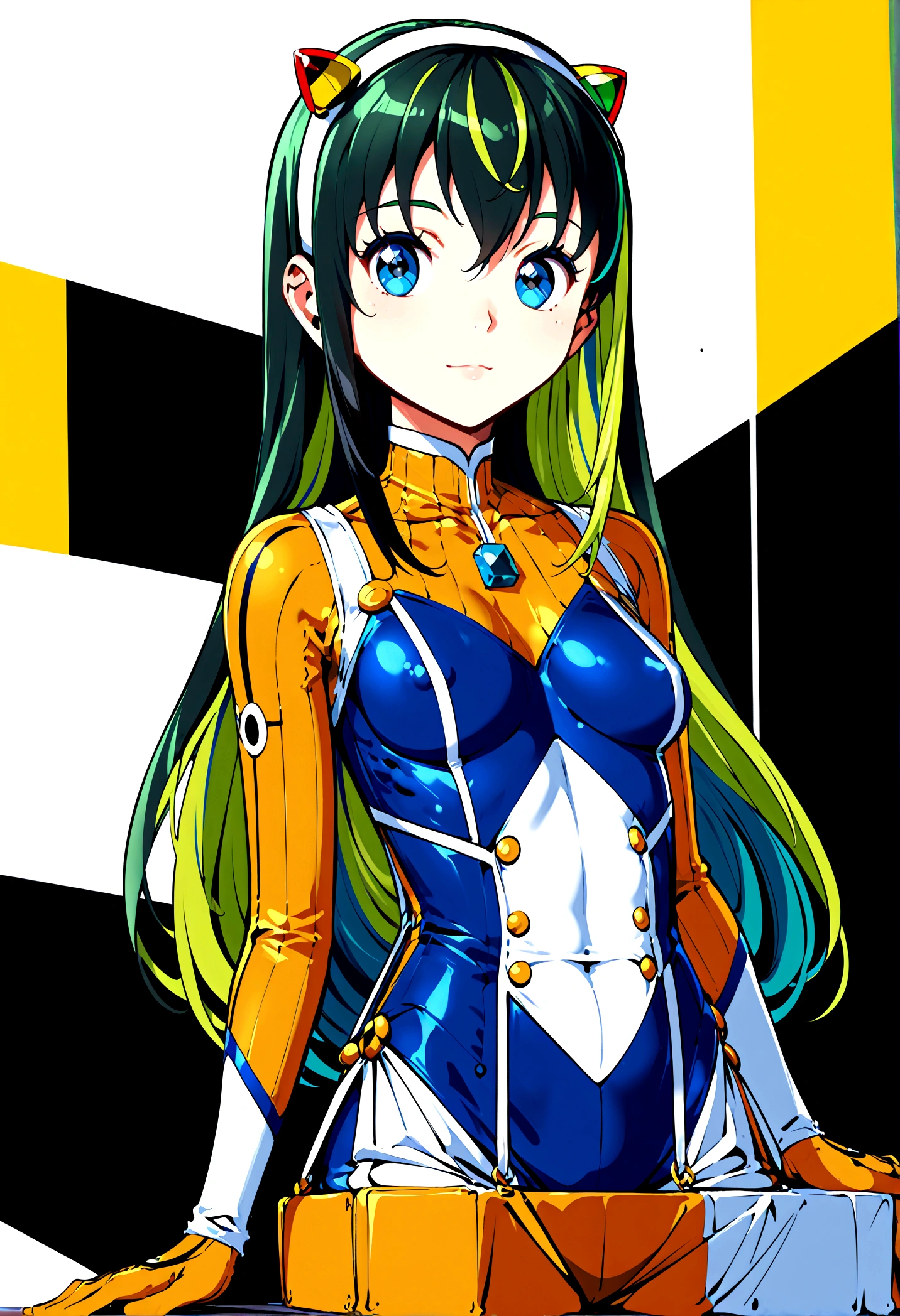(lum:1.5), 1girl, long hair, (tiny horns), (score_9, score_8_up, score_7_up), masterpiece, best quality, absurdres, unity, 8k, wallpaper, hi res, highly detailed face, highly detailed eyes, blue eyes, (intricate details:1.4), (two-tone hair, green hair, black hair:1.1), perfect anatomy, super detailed skin, 1980s style, anime style, (full body), (dynamic angle, dynamic pose:1.3), фартук, поклон, cube украшение для волос, одеваться, оборки, мрак (выражение), украшение для волос, сердце, сердце hands, длинные волосы, глядя, служанка, служанка фартук, служанка headодеваться, Мэри Джейнс, одна сторона вверх, затененное лицо, обувь, short одеваться, Один, капля пота, бедро высоких, white бедро высоких, Зеттай Рёики, 
