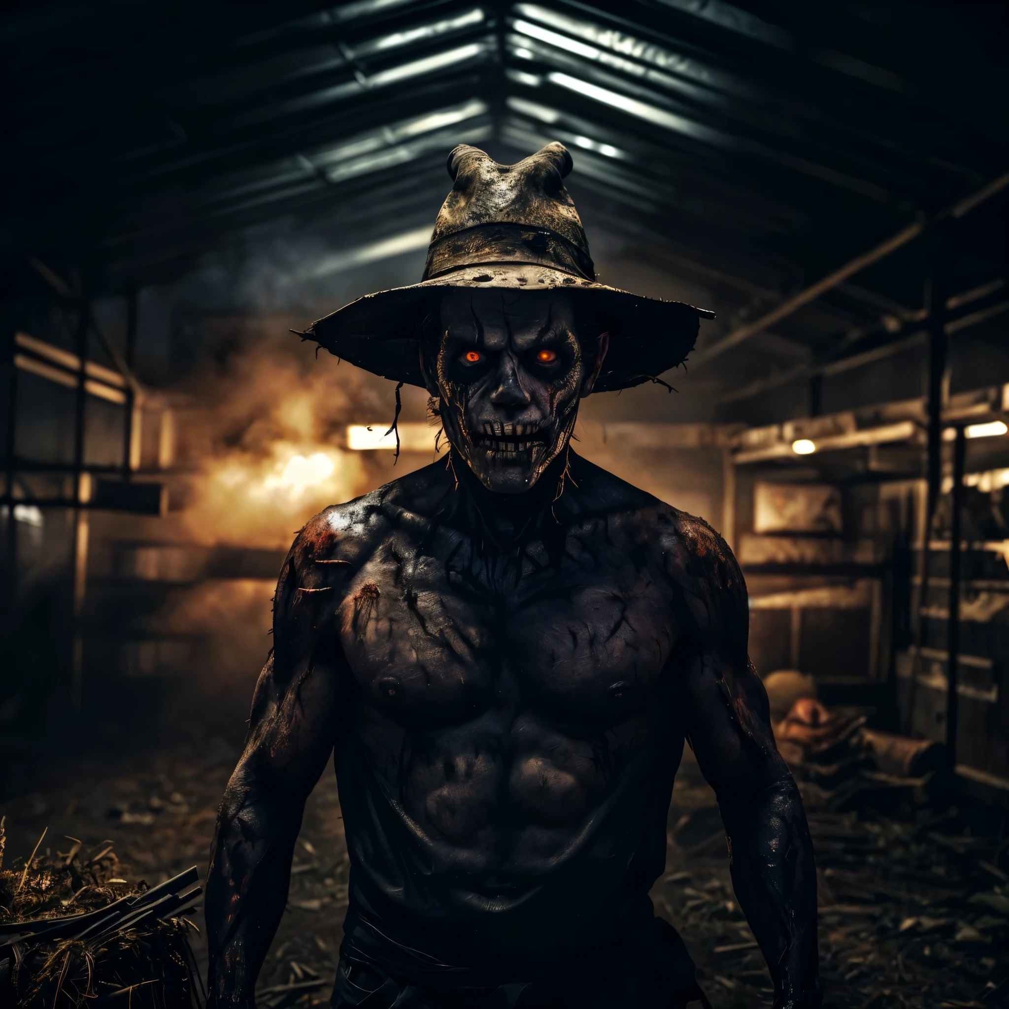 arafed man with a hat and a face painted like a zombie, powerful male scarecrow, big butcher man posing scarily, muscular and terrifying, fit male demon with white horns, epic portrait of menacing, willem dafoe as scarecrow, award winning horror photography, cinematic gritty lighting, dramatic portraiture of namenlos, dramatic cinematic portrait