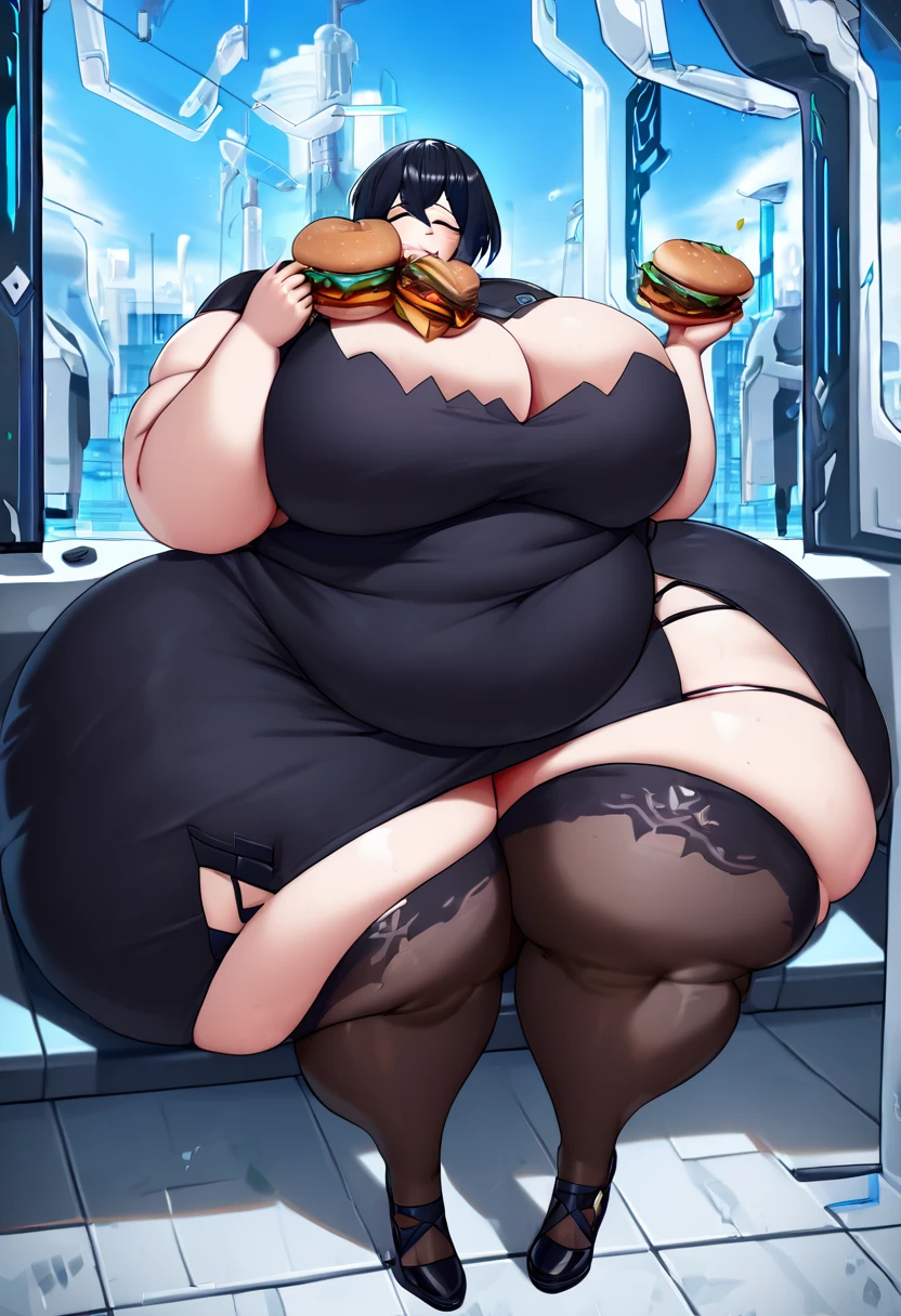 Alear from Fire Emblem Engage, girl fat, obese body, bigger belly, bigger ass, bigger breast, large thighs, wide hips, sexy, stockings, black hair, short night dress, laboratory, day, dark dress, black dress, black stockings, black and black shoes, sitting, eating hamburgers, hamburguers, (Masterpiece:1.2), best quality, high resolution, beautifully detailed, extremely detailed, perfect lighting,