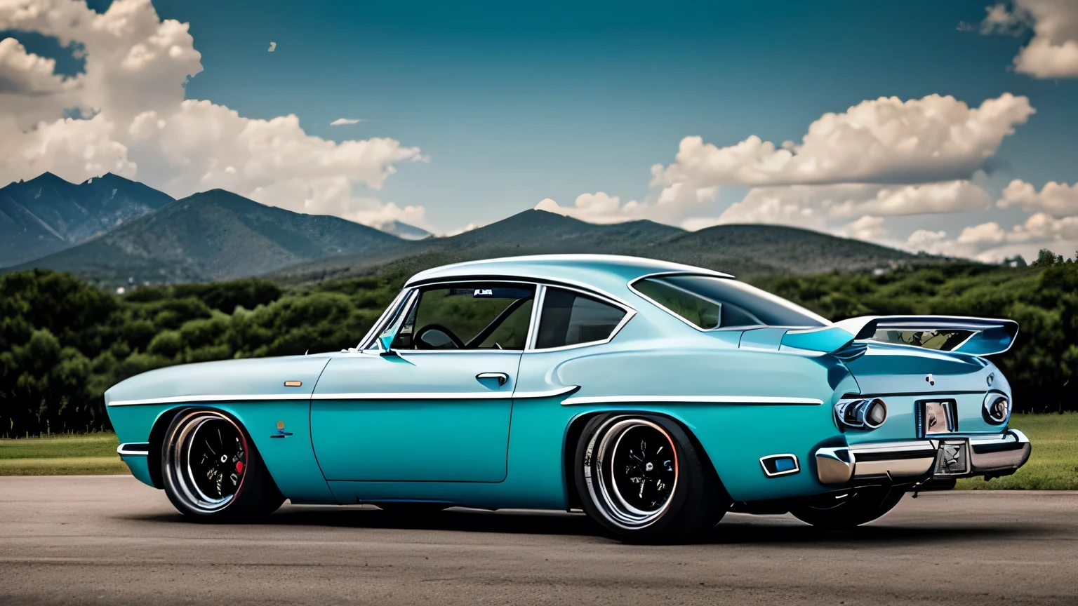realist, classic car from the 50s, modified, modernized, widebody, with spoiler, low suspension, sky blue, careers, tuning.