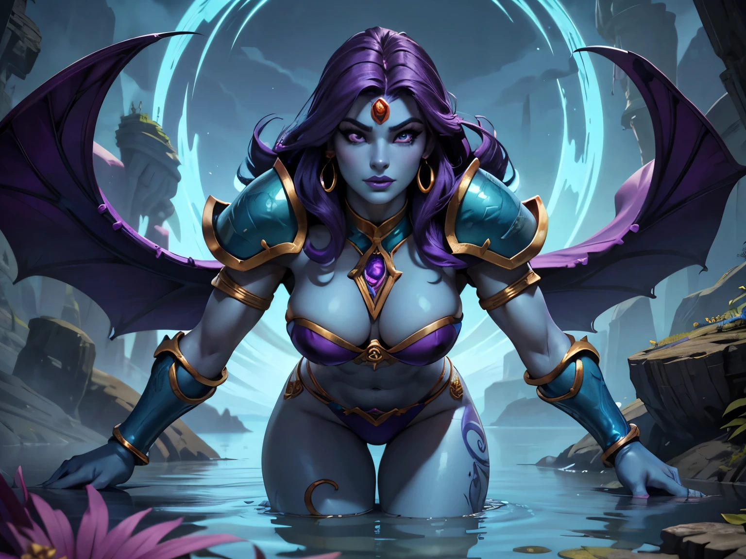 masters of the universe. a ((blue skinned)) female warrior, She has dark purple colored hair with lots of volume and wears (purple bikini armor accented in gold). (detailed face, detailed eyes) (best quality,4k,8k,highres,masterpiece, colorful, vibrant colors:1.2) , long eyelashes, ((detailed lips)), narrow eyes, lavender colored eyes. Good hands, detailed hands. Eternia background. Show her battling a swam monster, standing in deep water, the monster is large with green scales, she looks at the monster.