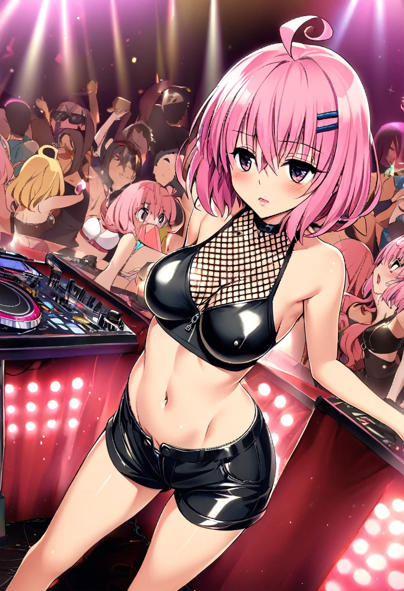 upper body, female ninja,Large breasts, colorful clothes , quirky, vibrant appearance, playful accessories, creative behavior, imaginative, sensual, spontaneous, DJ headphones, mixing console, music club, night club, indie theaters, people dancing on the dance floor background, underground dance club, highest quality, skin texture, intricate details, (cinematic lighting), RAW photo, 8k ,high definition detail,Retro anime，1990s anime,