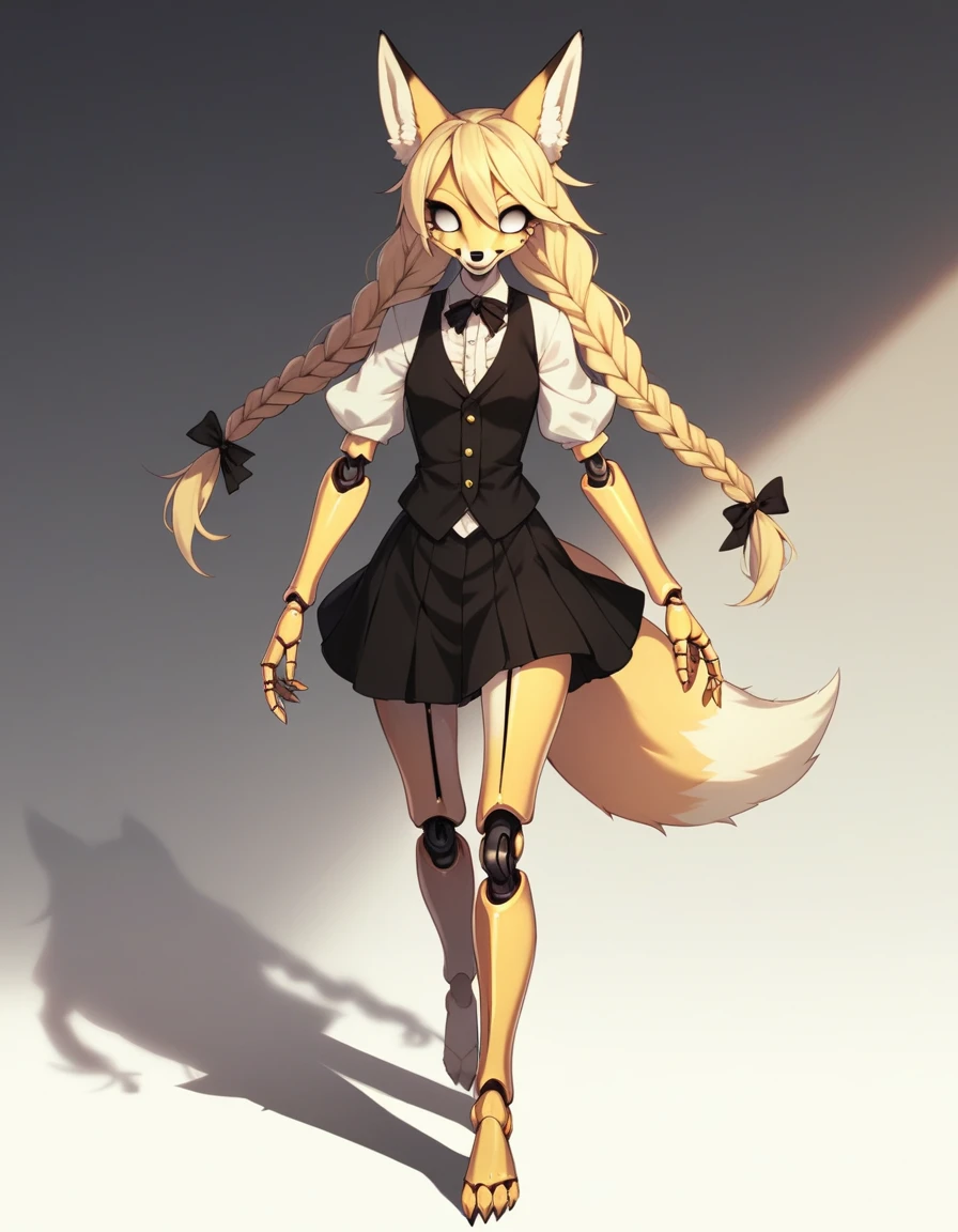 Solo, Score_9, score_8_up, score_7_up, kemono style, Kimiko, An Anthro furry fox girl, yellow furry body, yellow fox tail, , black nose, blonde hair, braided hair, wearing elegant black vest, black short skirt, barefoot, doll joints, walking elegantly, she is a marionette doll, marionette strings attached to her limbs, a giant shadowy figure behind her, simple shadow background, gradient lighting, she is smiling, tearing up, soulless empty eyes