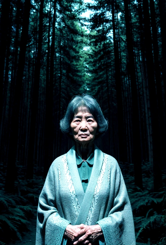 Draw a Korean grandmother in her 70s standing in a dark forest like a horror movie scene