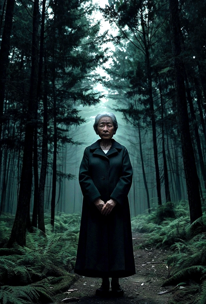 Draw a Korean grandmother in her 70s standing in a dark forest like a horror movie scene