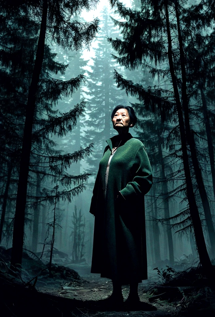 Draw a Korean grandmother in her 70s standing in a dark forest like a horror movie scene