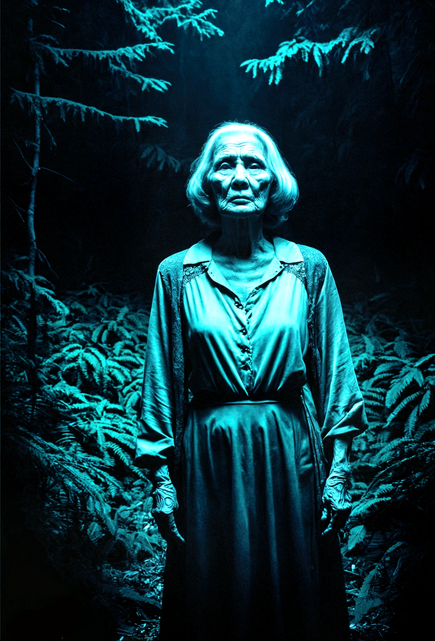 Draw me like a horror movie scene of a grandmother in her 70s standing in a dark forest