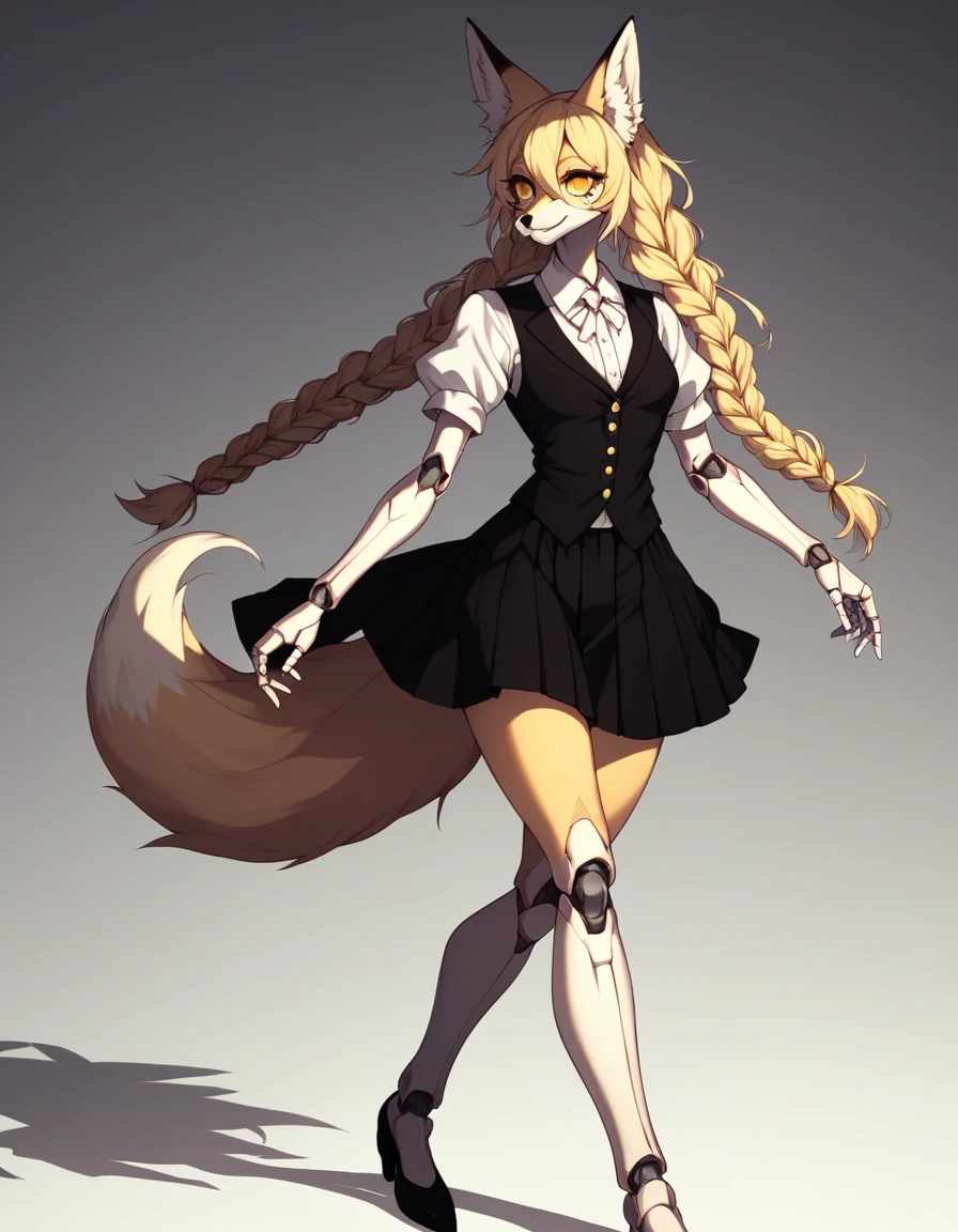 Solo, Score_9, score_8_up, score_7_up, kemono style, Kimiko, An Anthro furry fox girl, yellow furry body, yellow fox tail, , black nose, blonde hair, braided hair, wearing elegant black vest, black short skirt, doll joints, walking elegantly, she is a marionette doll, marionette strings attached to her limbs, a giant shadowy figure behind her, simple shadow background, gradient lighting, she is smiling, tearing up, soulless empty eyes