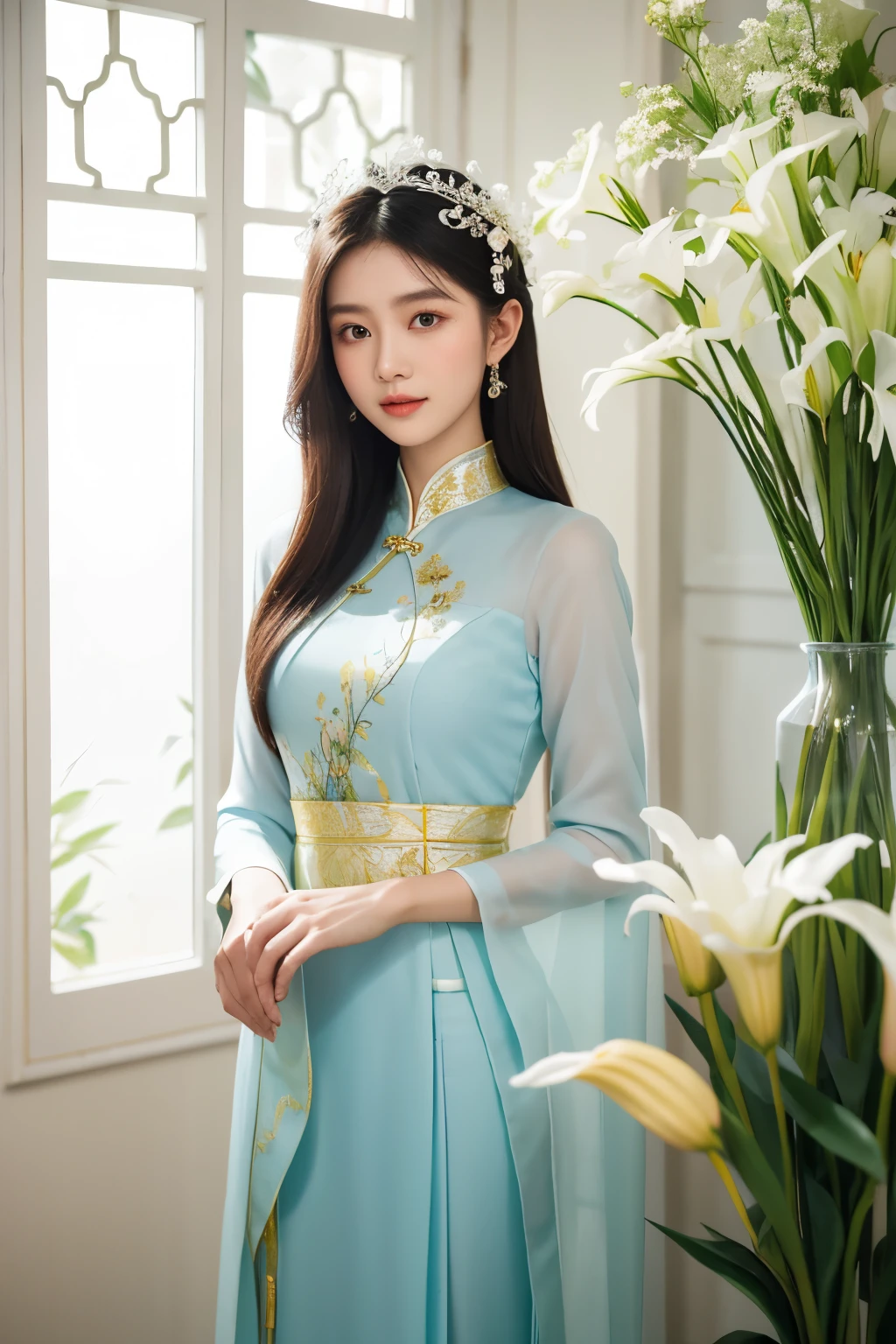 A portrait of a radiant young woman, elegantly draped in a pristine white ao dai, lays serenely by a vase filled with delicate lilies. The scene evokes the timeless beauty and grace of traditional Vietnamese art, reminiscent of To Ngoc Van's celebrated painting, "Young Women with Lilies." The backdrop features a subtle harmony of light sky-blue and indigo hues, which envelop the scene in a tranquil atmosphere.

Meticulous details in every fold of the ao dai and the intricate design of the lilies highlight the exquisite craftsmanship that is characteristic of high-end fashion portraits.