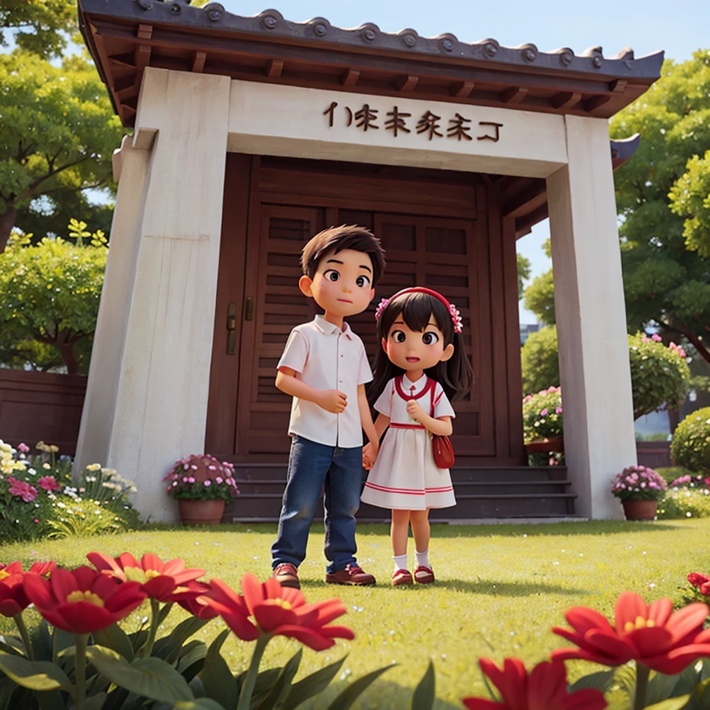 Asian girl and asian boy in the flower park