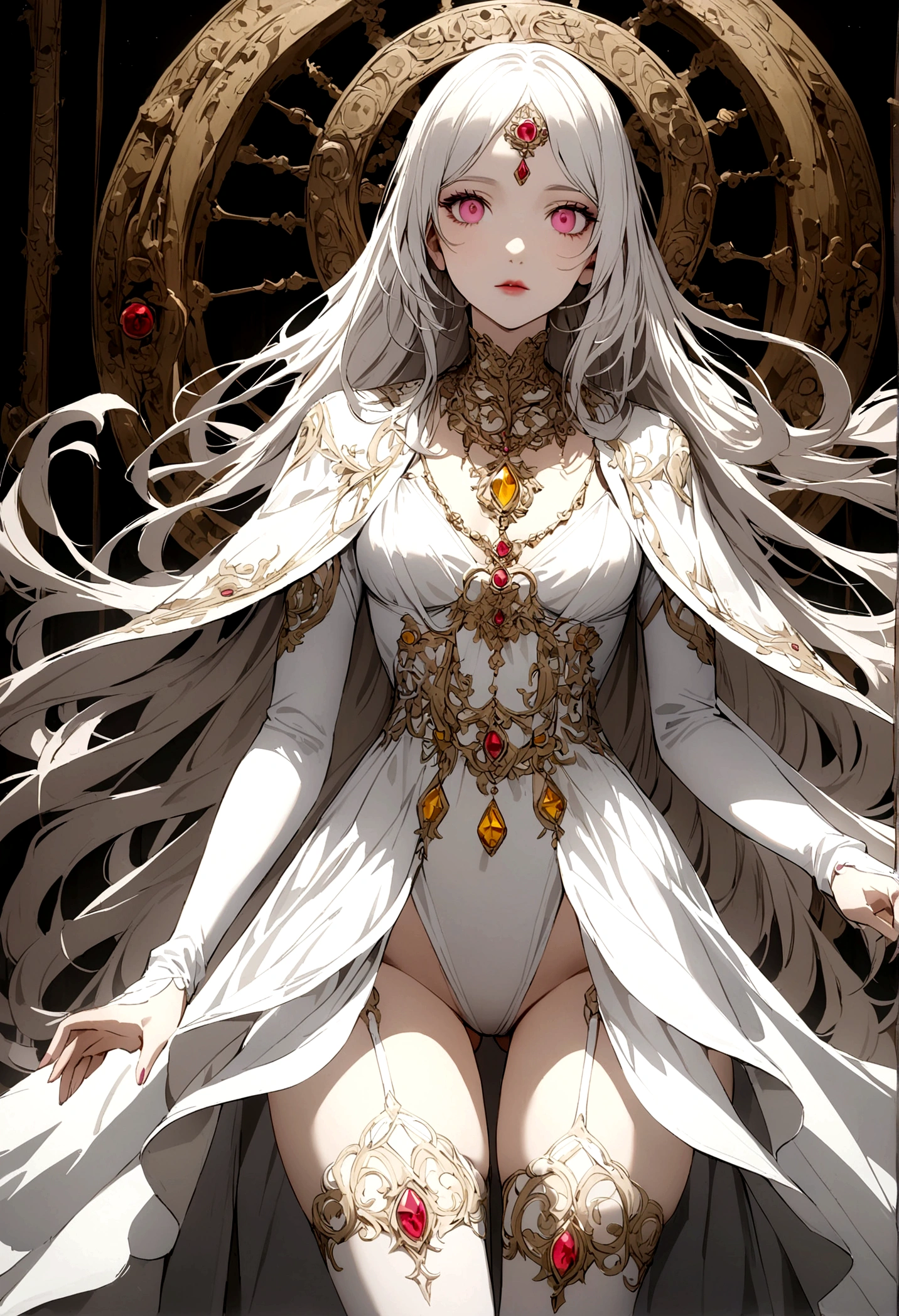 Create a woman, long straight white hair, pink eyes, a white dress that reaches her thighs and white tights with white shoes, She has a necklace with a red and yellow stone in the middle