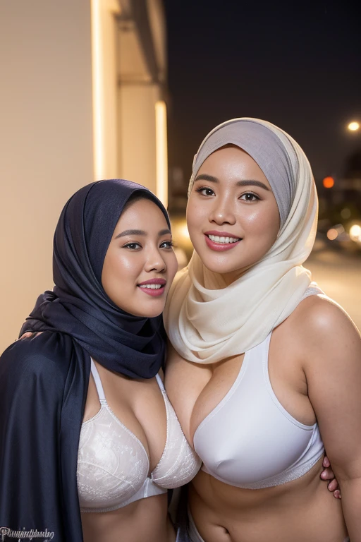 ((2woman)), ((26 years Old)), ((Sugar Mama)), ((Sensual Lips)), (White Skin), ((beautiful rich Indonesian woman)), ((pashminaHijab)), (Massive Gigantic Colossal  : 1.2), ((Captivating Smile)), ((Sport Bra)), curvy body, (puffed Breast about To burst out from her clothes), at doctor office, Dark light, at Nighttime, Sharing Passionate Hug and groping breast, Lesbian couple.