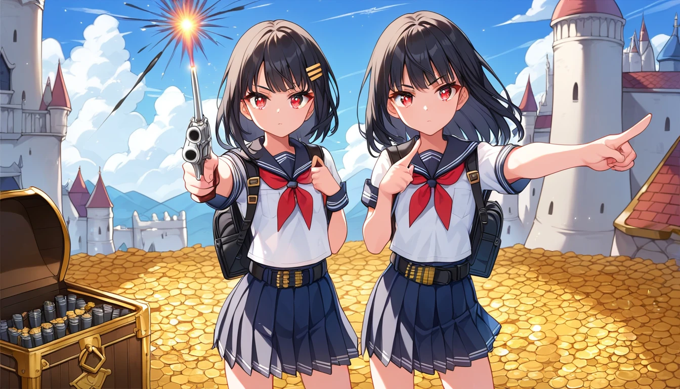 ((1girls:1.3)), ((solo:1.3)), ((school uniform:1.3)), ((castle:1.3)), ((ammo belt:1.3)), ((dual revolver:1.3)), ((pointing gun:1.3)), ((gunshot:1.3)), ((firing gun:1.3)), ((expressionless:1.3)), ((backpack:1.3)), ((moe style:1.3)), ((standing:1.3)), ((red eyes:1.3)), ((treasure chest:1.3)), ((small girl:1.3)), ((flat chest:1.3)), ((black hair:1.3)), ((perfect face)), ((extremely cute:1.3)), ((masterpiece:1.3)), ((8k)), ((best quality:1.3)), ((beautiful)), ((extremely detailed:1.3)) , ((absurdres)), AddXL, ((score_9:1.3)), ((score_8_up:1.3)), ((score_7_up:1.3)), Expressiveh 