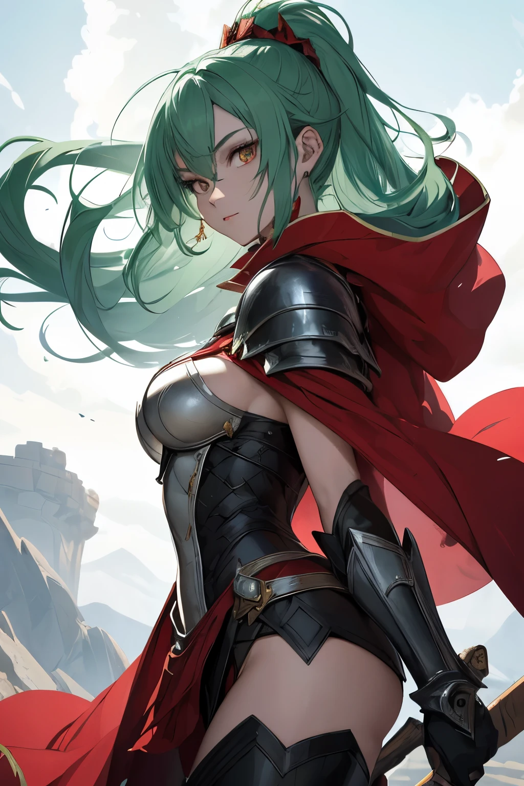 In the realm of anime, a 27-year-old woman with a distinct appearance stands out. Her hair, a vibrant green, is adorned with small bars, adding an unique touch to her style. She's clad in heavy armor, a silver suit that gleams under the light, with intricate details in red, creating a contrast that is visually striking. The armor includes greaves and plates, each piece meticulously crafted and polished to perfection. Over her shoulder, a red cape flows, catching the wind and billowing out, while her eyes, as red as her cape, glimmer with an unknown intensity. With this stunning visual, you can't help but be