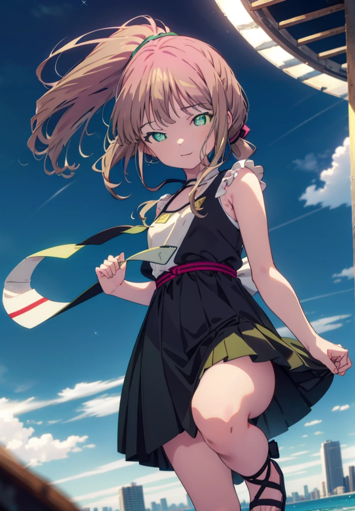 minami yume ,sss Dynazenon ,Long Hair, Brown Hair, (Green Eyes:1.5) ,Center of chest,hair band,ponytail,happy smile, smile, Open your mouth, Blue sleeveless dress,Long skirt,Cute heeled sandals,whole bodyがイラストに入るように,Daytime,Clear skies,Walking,
break looking at viewer, whole body,
break outdoors, Building district,
break (masterpiece:1.2), Highest quality, High resolution, unity 8k wallpaper, (shape:0.8), (Beautiful and beautiful eyes:1.6), Highly detailed face, Perfect lighting, Highly detailed CG, (Perfect hands, Perfect Anatomy),