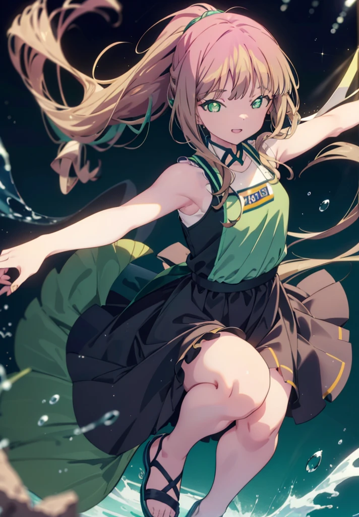 minami yume ,sss Dynazenon ,Long Hair, Brown Hair, (Green Eyes:1.5) ,Center of chest,hair band,ponytail,happy smile, smile, Open your mouth, Blue sleeveless dress,Long skirt,Cute heeled sandals,whole bodyがイラストに入るように,Daytime,Clear skies,Walking,
break looking at viewer, whole body,
break outdoors, Building district,
break (masterpiece:1.2), Highest quality, High resolution, unity 8k wallpaper, (shape:0.8), (Beautiful and beautiful eyes:1.6), Highly detailed face, Perfect lighting, Highly detailed CG, (Perfect hands, Perfect Anatomy),