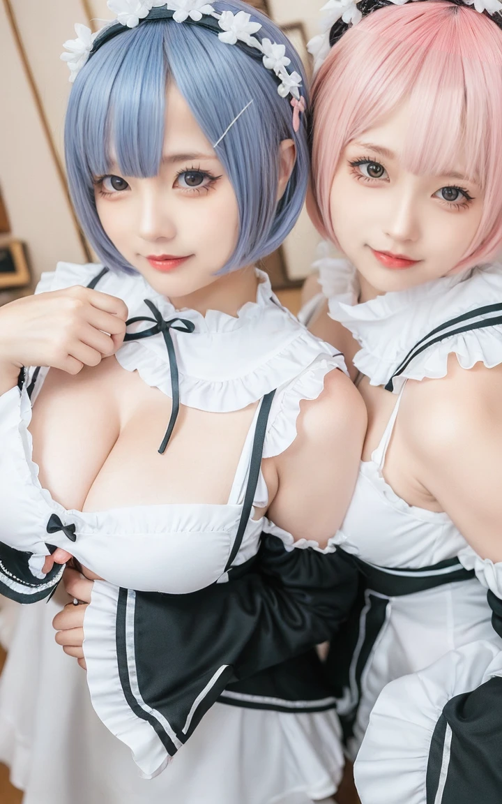 (8K, realistic, raw image, highest quality: 1.3), (1 girl comes in), Super beautiful, (realistic face), (little child, Silver isrry Shorthair), isautiful , A bright light that captivates viewers, isautiful expression, isautiful breasts, (realistic skin), is...Create detailed and colorful images of Ram and Rem from Re.:center, stand back-to-back in their maid outfits, With a wonderful fantasy background、, two women,cute, perfect face, beautiful, good body, Gothic lolita clothGothic Lolita Fashion, ted skirt, headdress, necklace, bracelet, knee high socks, boots, Double eyelids, tear sac, Detailed down to the fingertips, The description is like a photo., In the building, The indoor light is dim., เด็กผู้หญิงคนหนึ่งผมpinkและผมบ๊อบสั้น, The other woman had light blue hair and a short bob.,stand, whole body, composition that shows the whole body, smile,They both wore the same type of maid outfit.,big breasts,Show your breasts,The cracks are clear...,((big tits)),(pubic bone), rift, visible chest, Show your breastsของคุณ, open chest,((bare breast:1.37)), I see bulging nipples.,(((large areolae:1.4,pink,The nipples are clearly visible.....))),