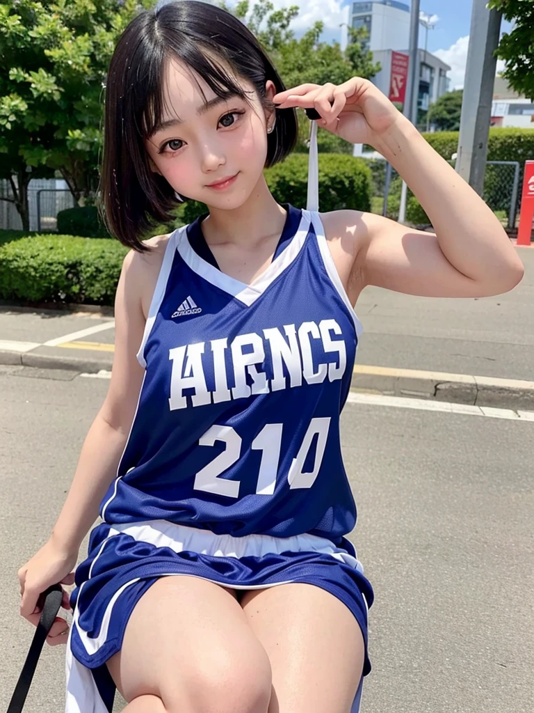 What a Japanese girl born in 2003 will look like in 2024。Stylish clothing。Armpit sweat。Landmine makeup。Heavy makeup。eye make up。Droopy eyes。Young face。Chubby。Provocative smile。Plump young girl。Young thighs。Photos taken outdoors in busy areas。Basketball Uniform