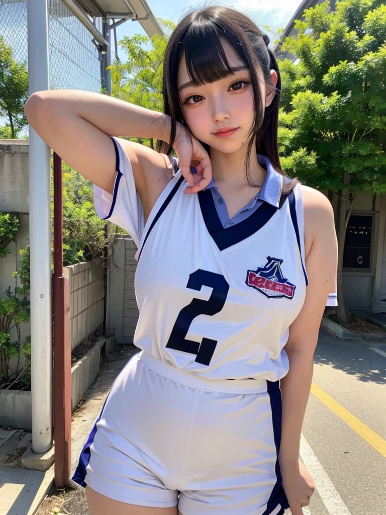 What a Japanese girl born in 2003 will look like in 2024。Stylish clothing。Armpit sweat。Landmine makeup。Heavy makeup。eye make up。Droopy eyes。Young face。Chubby。Provocative smile。Plump young girl。Young thighs。Photos taken outdoors in busy areas。Basketball Uniform