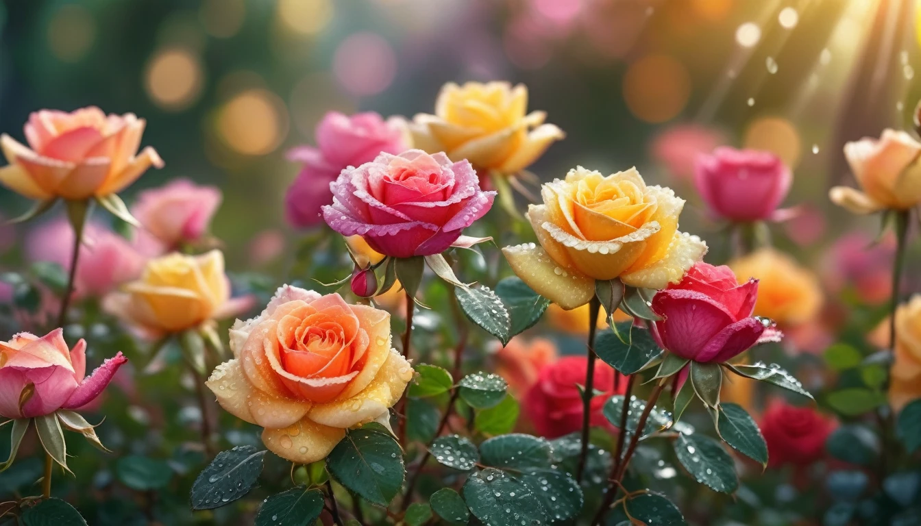 Many colorful rose flowers in the garden and sunlight with bokeh, dew drops on flower petals,automatic optional scene, defocused background creating a bokeh effect, nature's palette in full display, natural light, ultra fine details, digital painting (masterpiece, ultra quality, high resolution, 8k, intricate: 1.2), (masterpiece), (best quality:1)