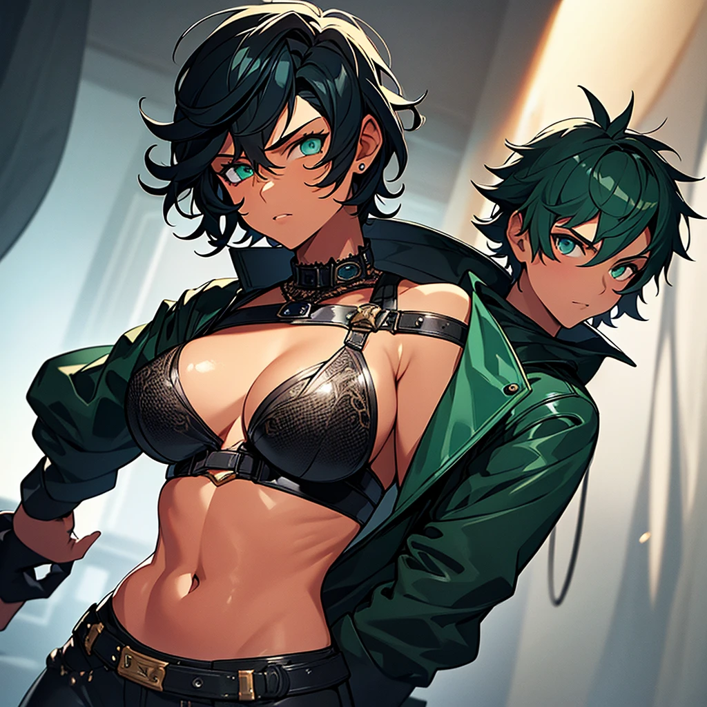 a age girl with tanned skin, short curly blue hair, dark green eyes, a scar on her eye, wearing a leather jacket, intricate details, photorealistic, 8k, best quality, masterpiece, highly detailed, dynamic pose, dramatic lighting, cinematic atmosphere, moody color palette, anime textures