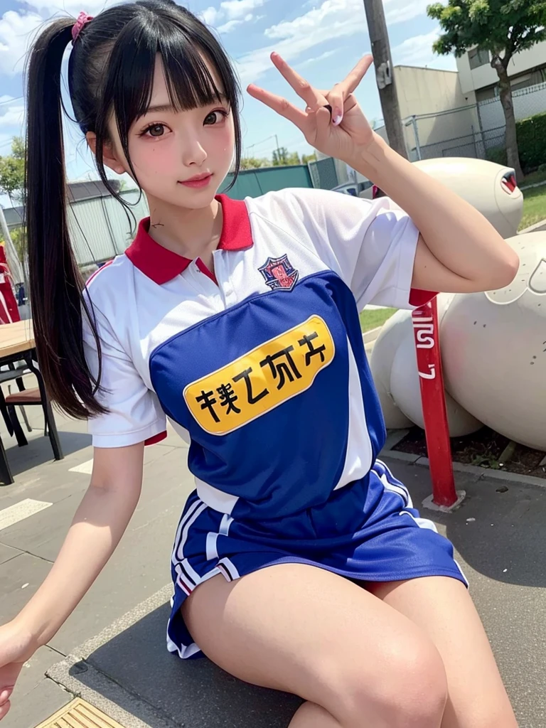 What a Japanese girl born in 2003 will look like in 2024。Stylish clothing。Armpit sweat。Landmine makeup。Heavy makeup。eye make up。Droopy eyes。Young face。Chubby。Provocative smile。Plump young girl。Young thighs。Photos taken outdoors in busy areas。Basketball Uniform