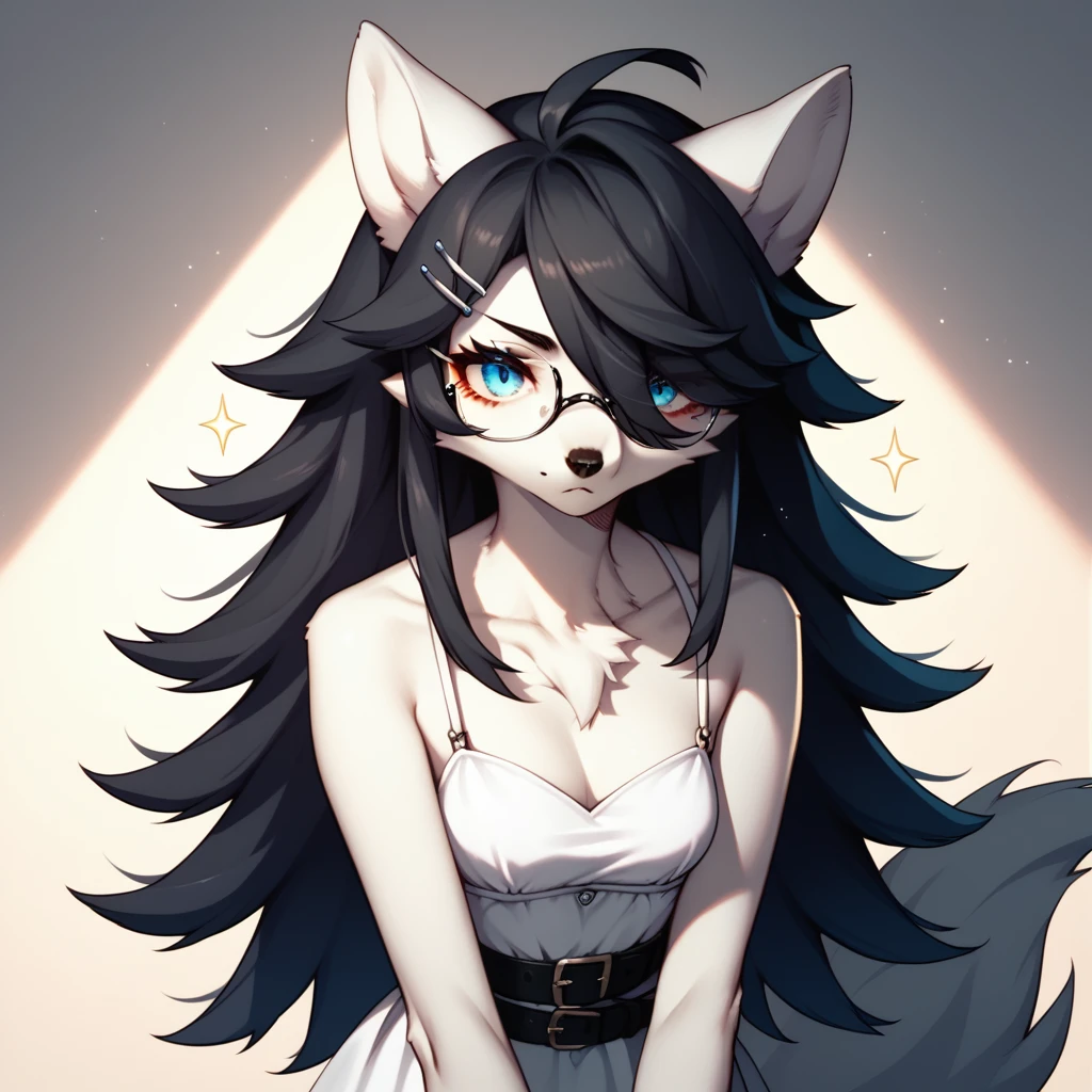 score_9,score_8_up,score_7_up, sierra, kemono style, a young nerdy Anthro furry wolf woman, white furry body, black hair, long elegant and straight hair, elegant glasses, hair clip, wearing elegant blue sundress, black belt, she is holding her arm, sparkles around her, she is shy, looking away, pouting, pov, pov viewer is giving her a thumbs up