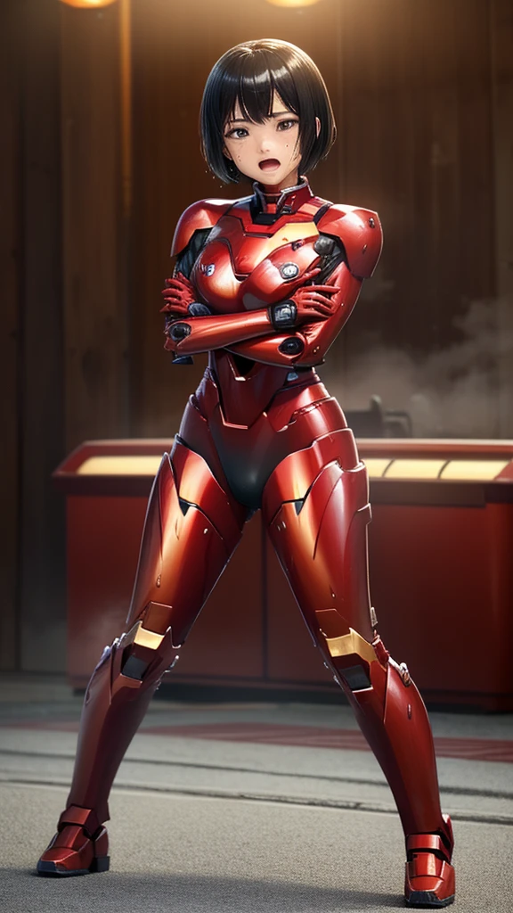 Female Iron Man(Red and Black)、shine、Shortcuts、Textured skin, Super detailed, Attention to detail, high quality, 最high quality, High resolution, 1080P, hard disk, beautiful,(Gundam),beautifulサイボーグ女性,Mecha Cyborg Girl,Battle Mode,Woman with a mechanical body,Full Body Shot、、Expression of bitterness、Sweaty face、、Squint your eyes、、humid、Soaking wet、、Steam coming out of the head、Spread your legs、Embarrassed face、Open your mouth、Hold your face Black-haired Short-haired Soaking wet Many people are wearing the same clothes