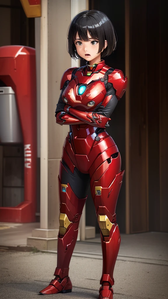 Female Iron Man(Red and Black)、shine、Shortcuts、Textured skin, Super detailed, Attention to detail, high quality, 最high quality, High resolution, 1080P, hard disk, beautiful,(Gundam),beautifulサイボーグ女性,Mecha Cyborg Girl,Battle Mode,Woman with a mechanical body,Full Body Shot、、Expression of bitterness、Sweaty face、、Squint your eyes、、humid、Soaking wet、、Steam coming out of the head、Spread your legs、Embarrassed face、Open your mouth、Hold your face Black-haired Short-haired Soaking wet Many people are wearing the same clothes