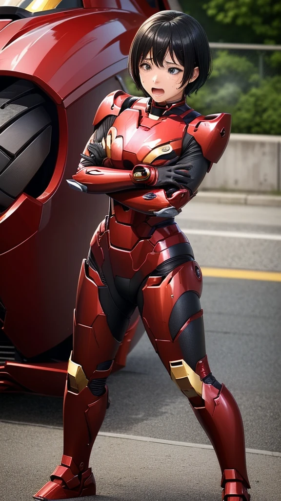 Female Iron Man(Red and Black)、shine、Shortcuts、Textured skin, Super detailed, Attention to detail, high quality, 最high quality, High resolution, 1080P, hard disk, beautiful,(Gundam),beautifulサイボーグ女性,Mecha Cyborg Girl,Battle Mode,Woman with a mechanical body,Full Body Shot、、Expression of bitterness、Sweaty face、、Squint your eyes、、humid、Soaking wet、、Steam coming out of the head、Spread your legs、Embarrassed face、Open your mouth、Hold your face　Black-haired　Short-haired　Soaking wet　Many people are wearing the same clothes