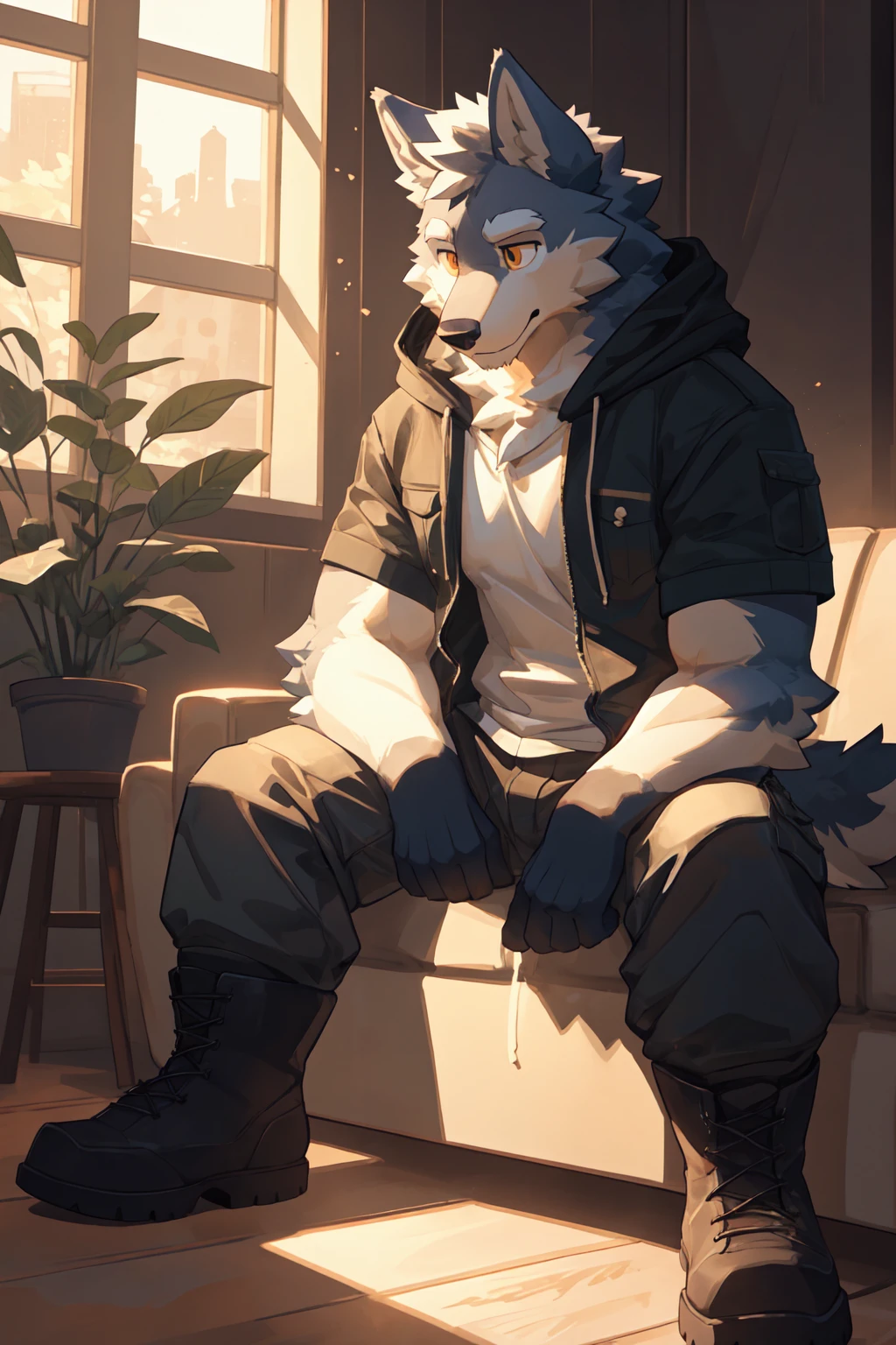 Best quality, Professional, Vivid Colors, full body, wolf, Muscular male, kemono, by bigcozyorca, Solo, grey Fur, white body, golden eyes, pectorals, (detailed face, detailed eyes:1.5), open hoodie, cargo pants, boots, sitting alone, sofa, indoor, head down, thinking, dark light, Ray tracing, detailed shadow