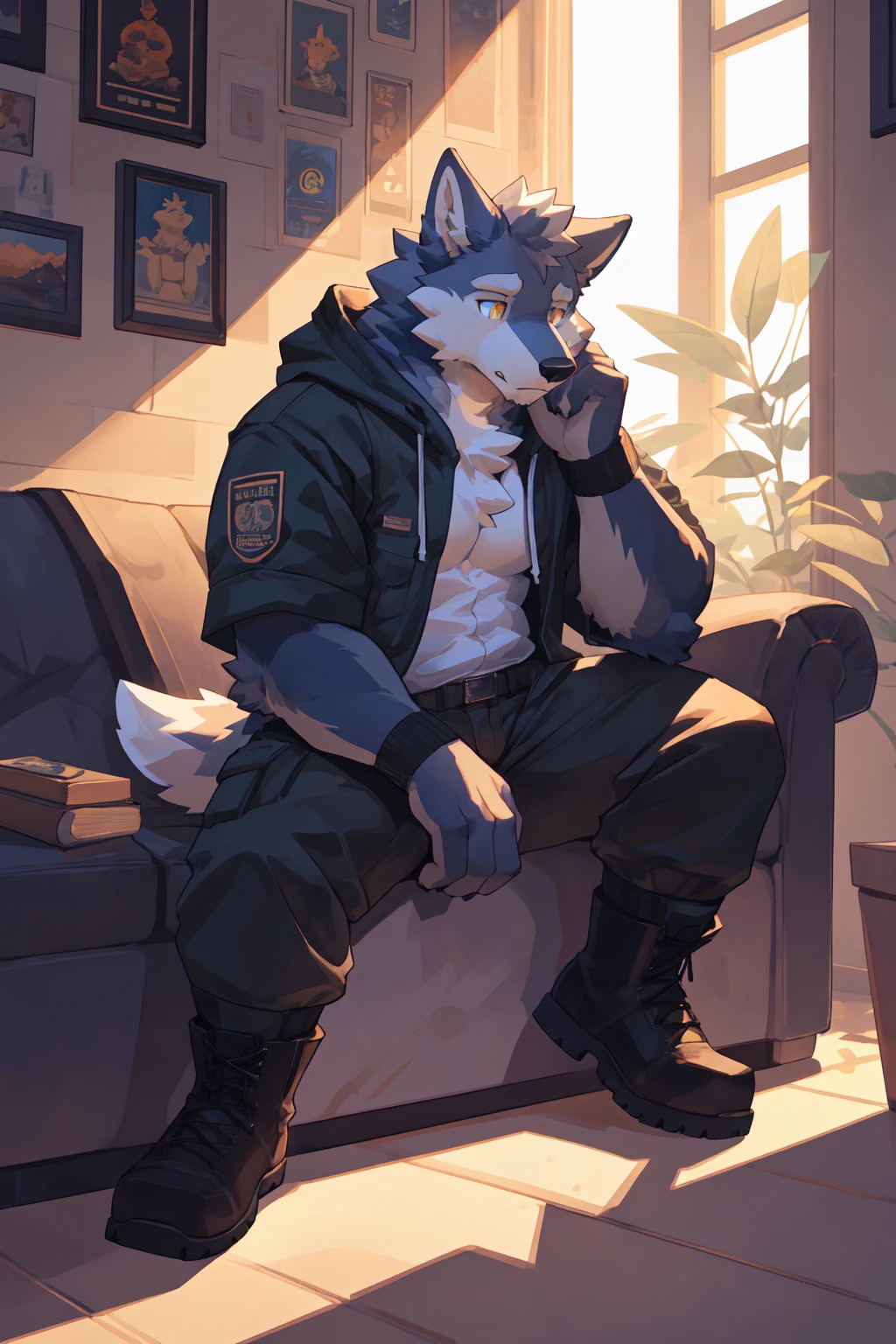 Best quality, Professional, Vivid Colors, full body, wolf, Muscular male, kemono, by bigcozyorca, Solo, grey Fur, white body, golden eyes, pectorals, (detailed face, detailed eyes:1.5), open hoodie, cargo pants, boots, sitting alone, sofa, indoor, head down, thinking, dark light, Ray tracing, detailed shadow